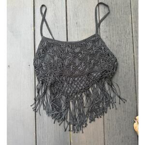 Millau Black Crochet Fringe Tank Top Size Small Boho Festival Cropped Cami